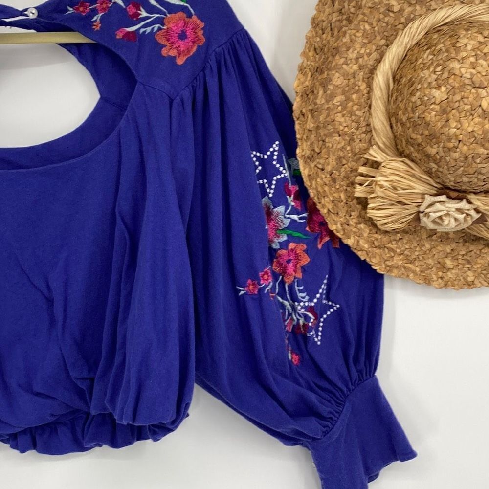 Free People Embroidered Balloon Sleeve Lita Boho Blouse Pullover Small - Picture 13 of 16